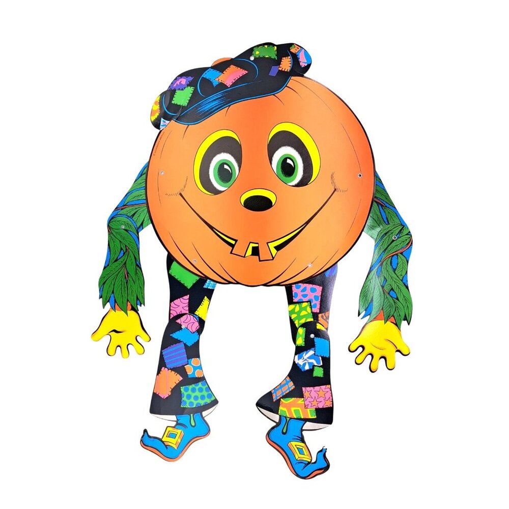 Vintage Beistle Pumpkin Halloween Decoration Hippie Jointed Diecut Glowing 1976